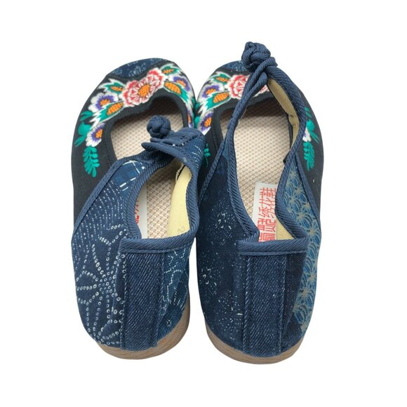 Womens Wedge Heels Canvas Floral Embroidered Ankle Strap Navy Blue 255 US 8.5 - Picture 3 of 5